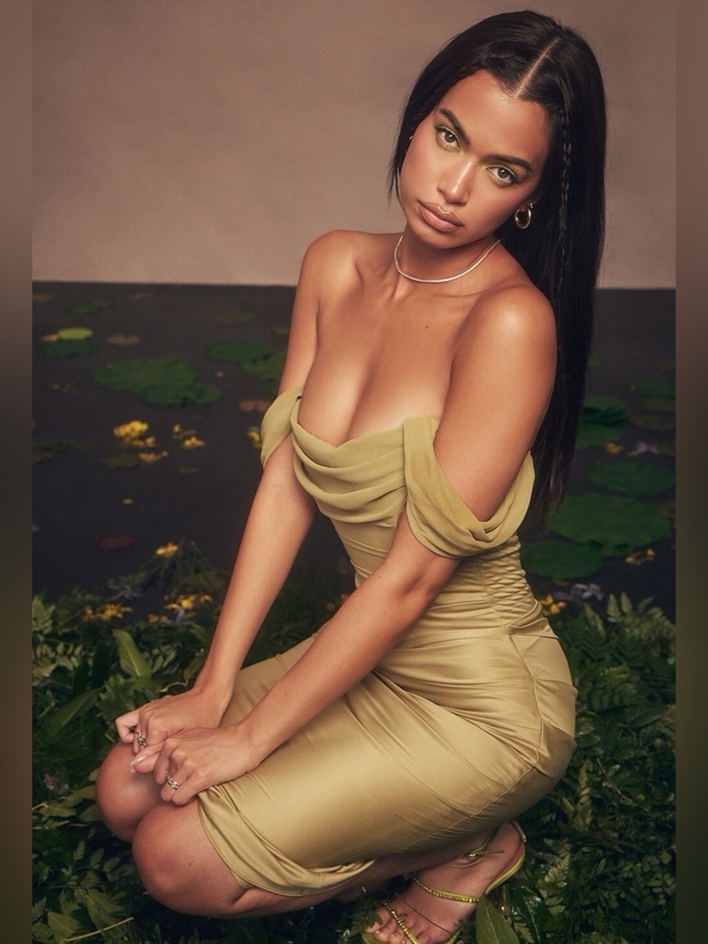 Olive Off-Shoulder Ruched Midi Dress